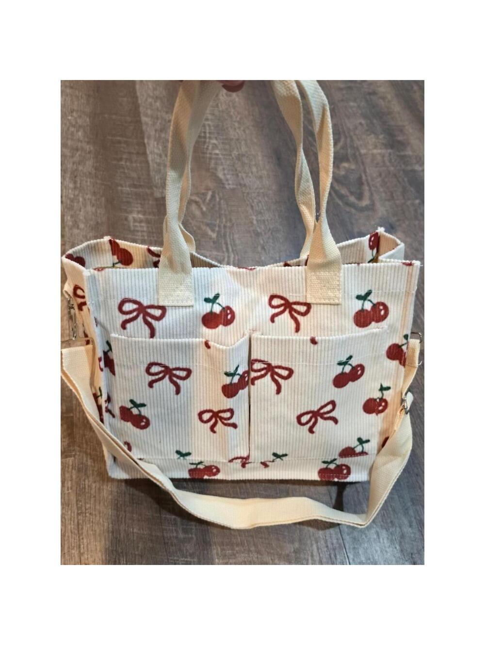 Cream Tote Bag with Red Cherry & Bow Print